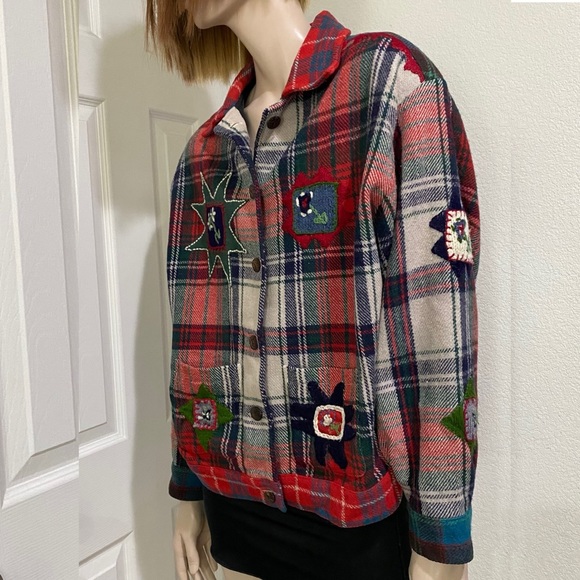 Vintage SANDY STARKMAN Red Plaid  Embroider Appliqué Wool Blend Shacket Jacket L - Picture 2 of 15